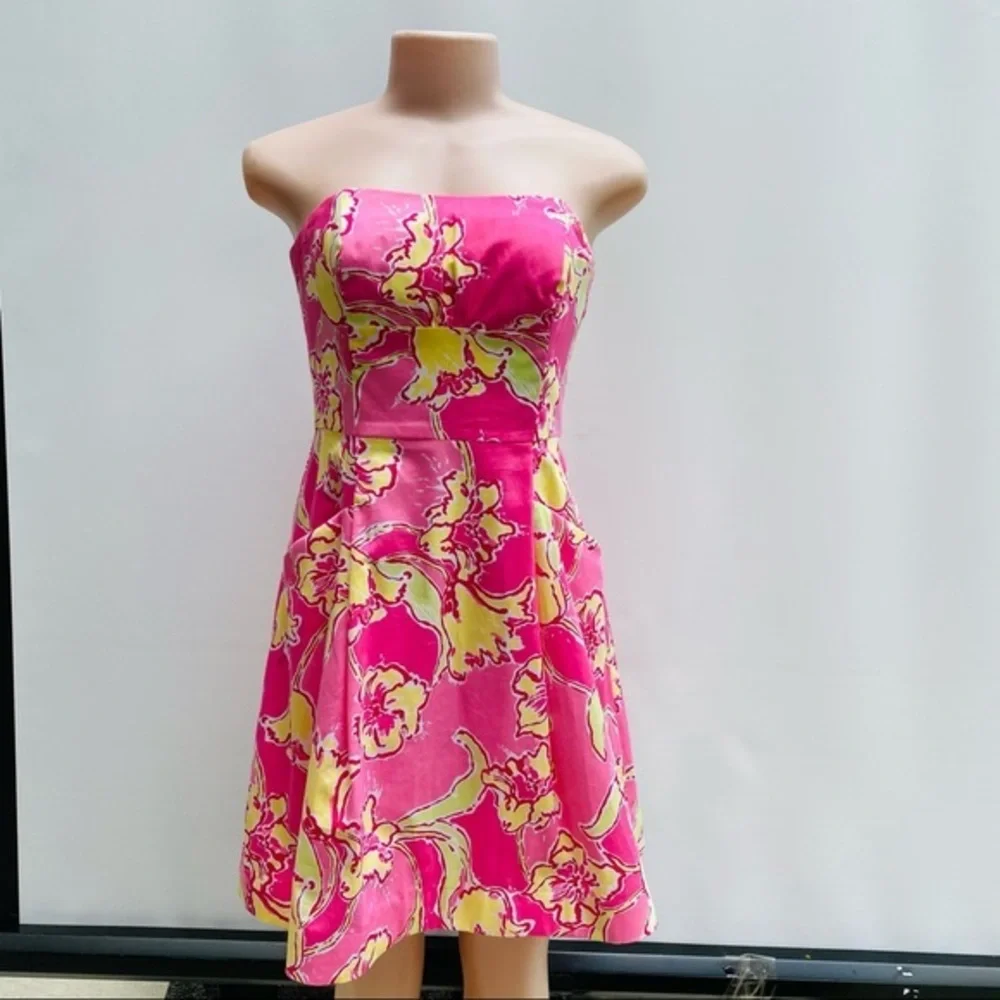 Lilly Pulitzer Strapless Fit & Flare Dress Pink Yellow Floral Size 2 - Picture 7 of 12